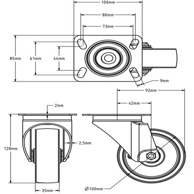 Hittebestendig zwenkwiel 100 mm - 220 kg