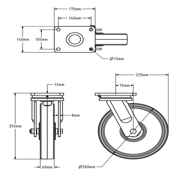 Zwaarlast nylon zwenkwiel 300 mm - kogellager - 2000 kg