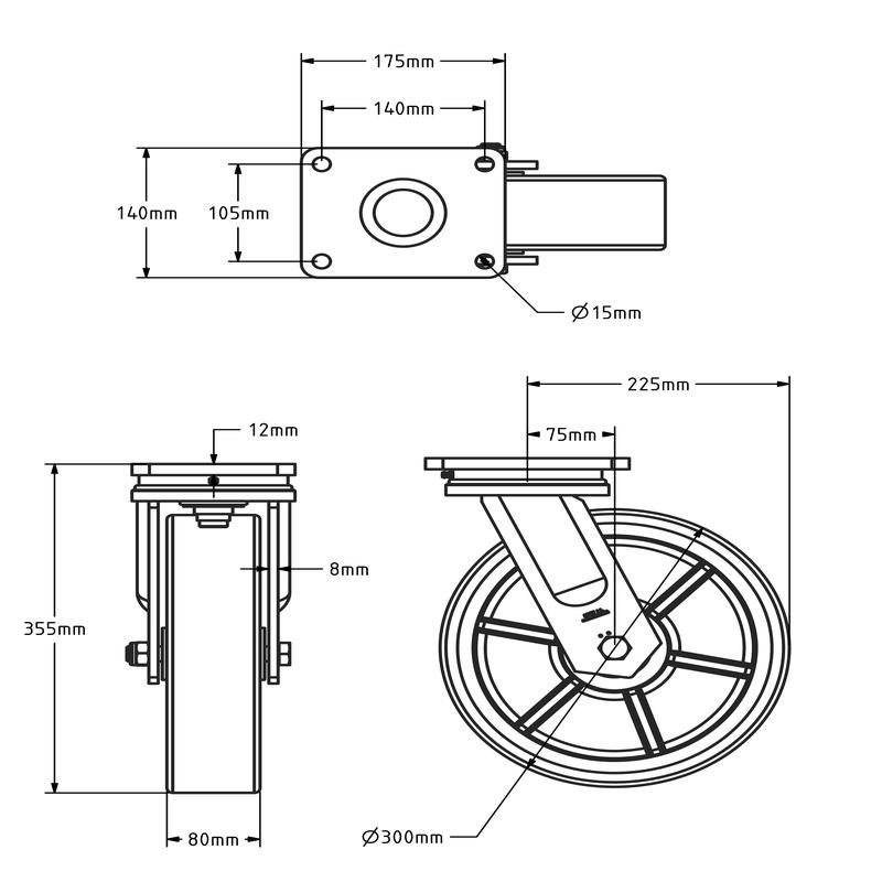 PU zwenkwiel 300 mm - kogellager - 2100 kg
