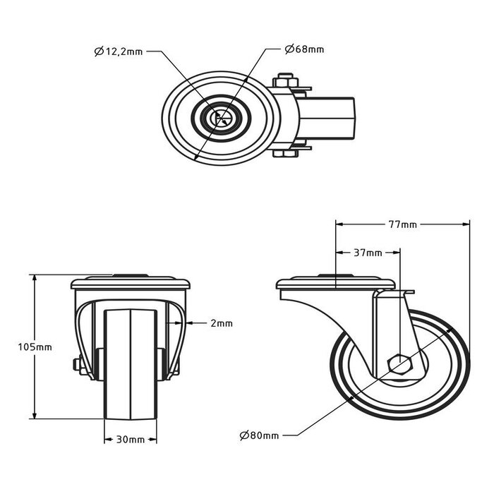 Rvs zwenkwiel 80 mm - Nylon - 120 kg