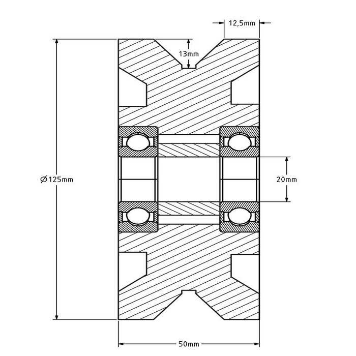 Groefwiel 125 mm met V groef - 1000 kg