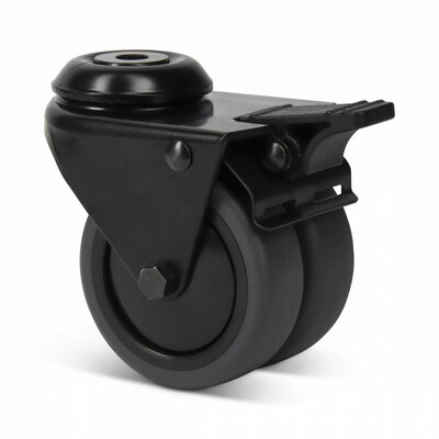 Dubbel zwart zwenkwiel met rem 75 mm - boutgat - 120 kg