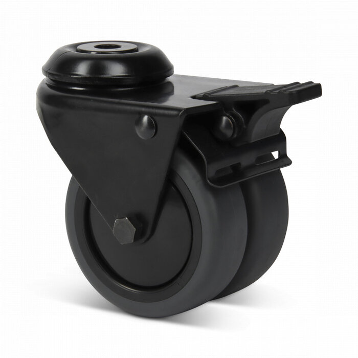 Dubbel zwart zwenkwiel met rem 75 mm - boutgat - 120 kg
