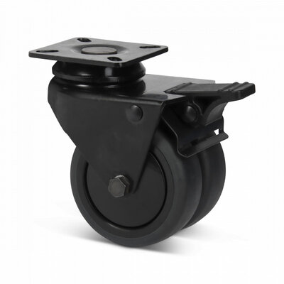 Dubbel zwart zwenkwiel met rem 75 mm - plaat - 120 kg