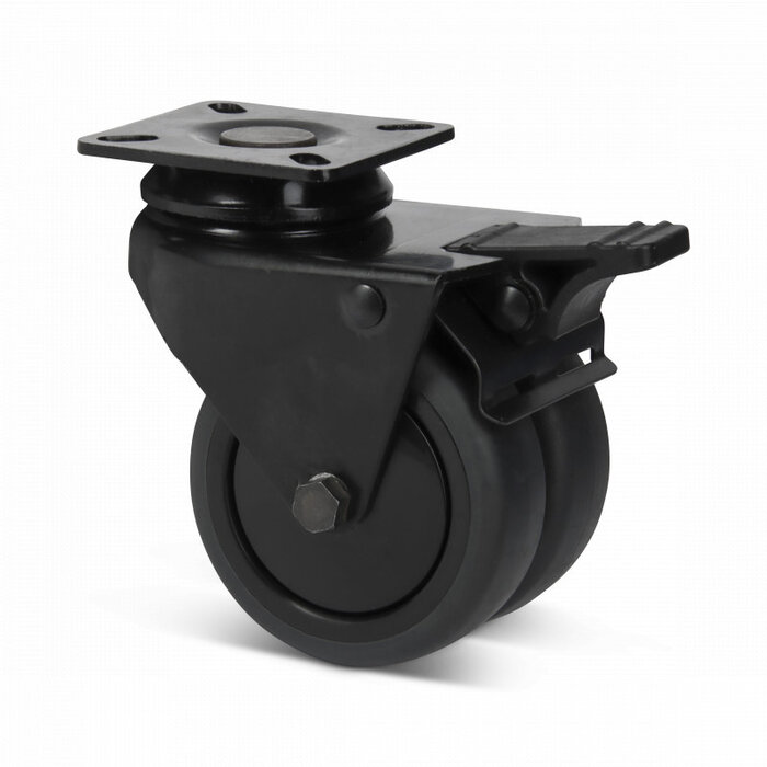 Dubbel zwart zwenkwiel met rem 75 mm - plaat - 120 kg