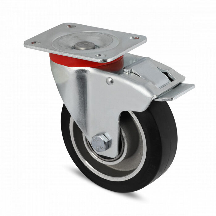 Rubber zwenkwiel met rem 80 mm - kogellager - 120 kg
