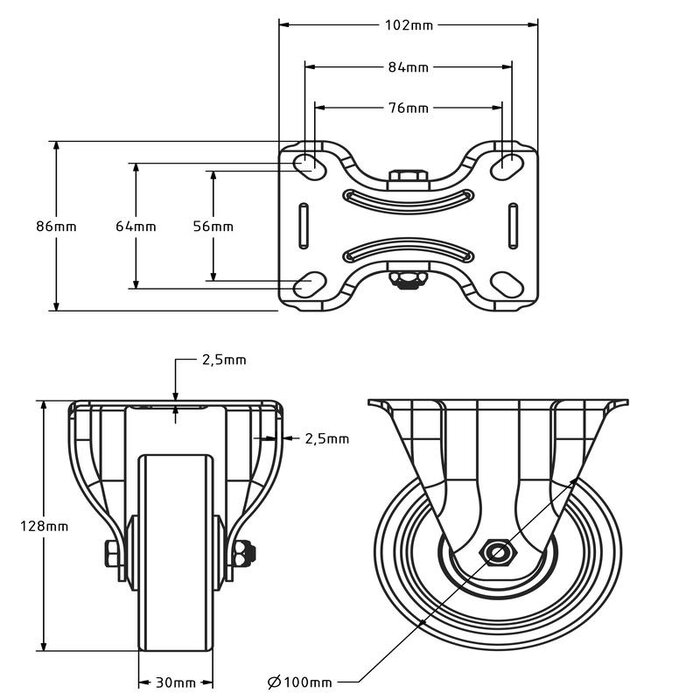 TPR rubber bokwiel 100 mm - rollager - 100 kg