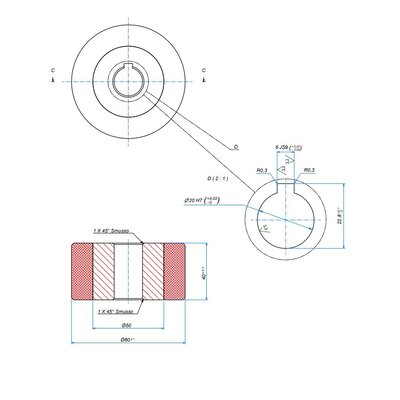 PU aandrijfwiel 80x40 mm - Boring 20 mm H7 spiebaan - 200 kg