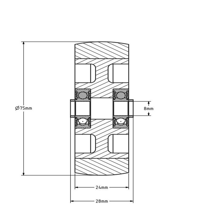 Rubber wiel 75 mm - kogellager asgat 6 mm - 75 kg