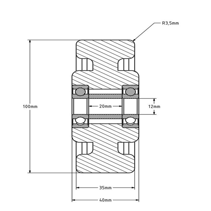 Nylon wiel 100 mm - kogellager asgat 12 mm - 500 kg