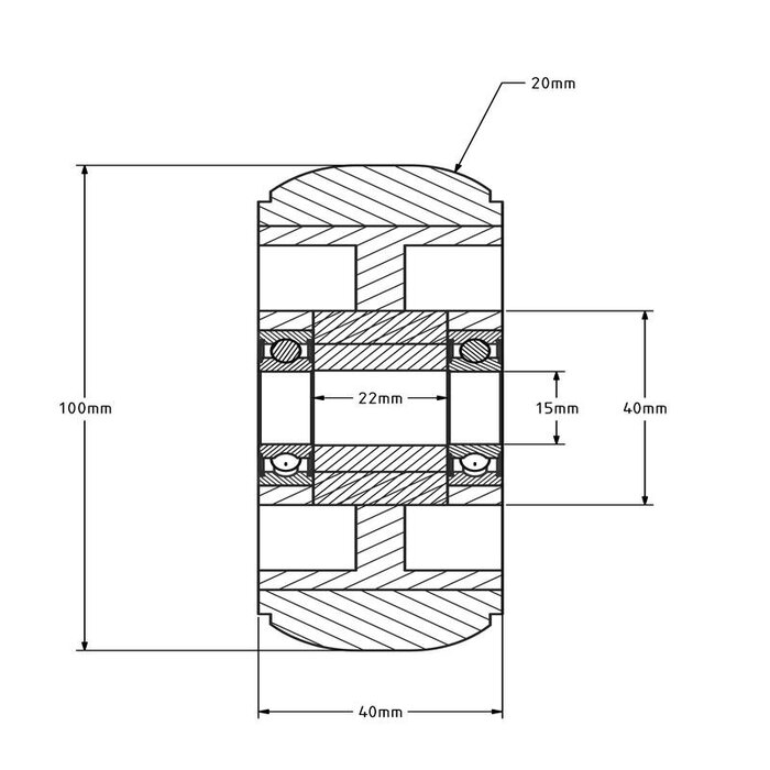 PU wiel 100 mm gebolleerd - asgat 15 mm - 270 kg