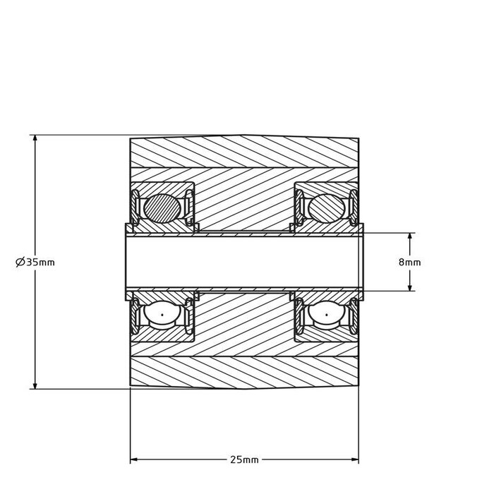 Polyurethaan wiel 35 mm - kogellager asgat 8 mm - 100 kg