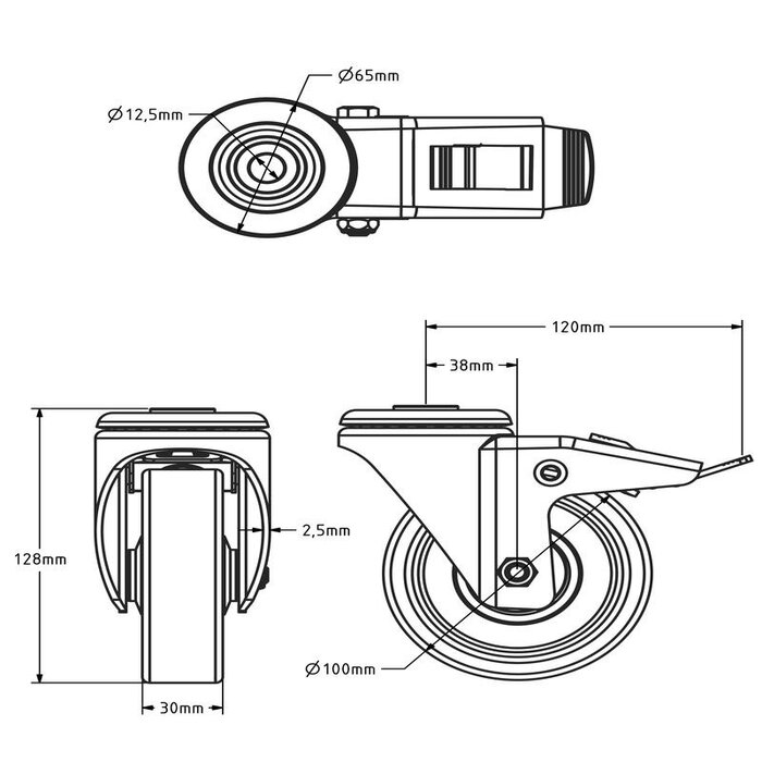 Rubber zwenkwiel met rem 100 mm - kogellager - 100 kg
