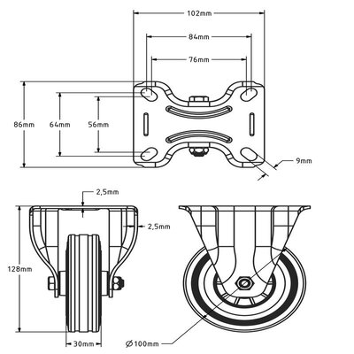 Rubber bokwiel 100 mm - rollager - 70 kg