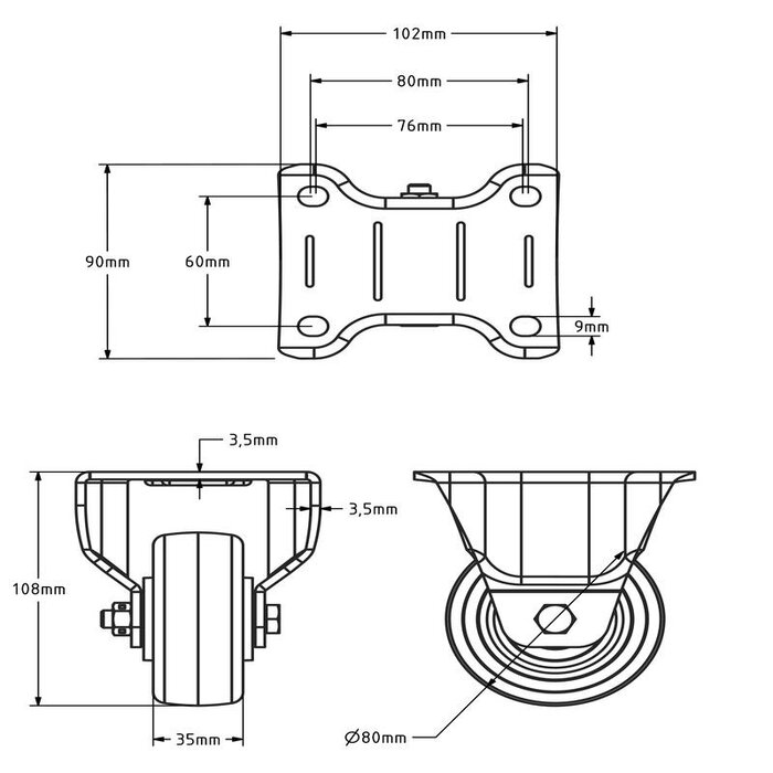 Nylon bokwiel 80 mm - kogellager - 200 kg