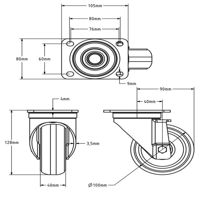 Gebolleerd PU zwenkwiel 100 mm - 270 kg