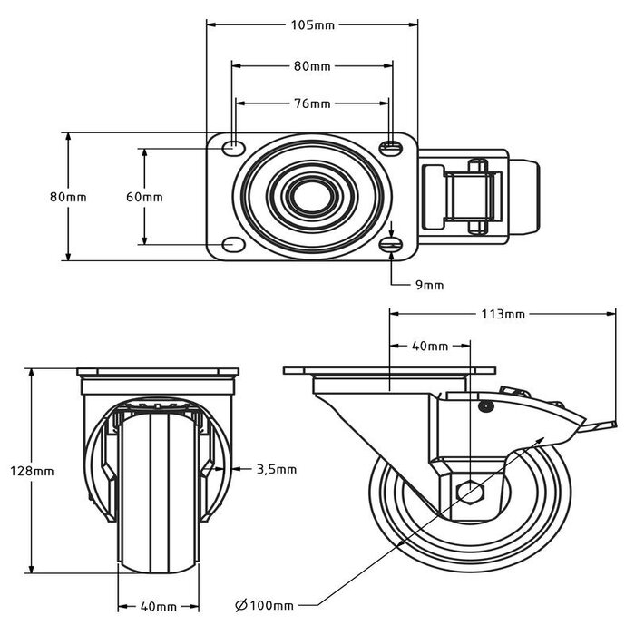 Gebolleerd PU zwenkwiel met rem 100 mm - 270 kg