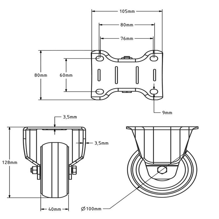 Gebolleerd PU bokwiel 100 mm - 270 kg