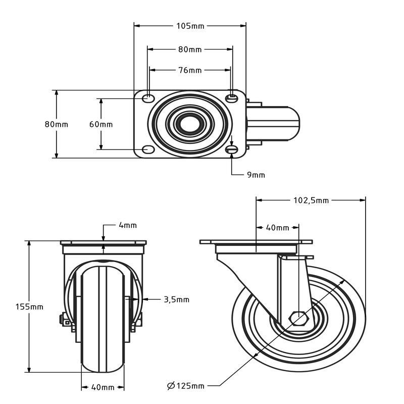 Gebolleerd PU zwenkwiel 125 mm - 310 kg