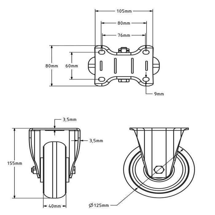 PU bokwiel 125 mm bruin gebolleerd - 310 kg
