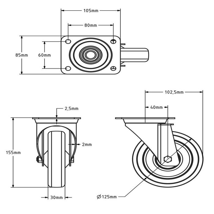 ESD Rvs zwenkwiel 125 mm - PU - 200 kg