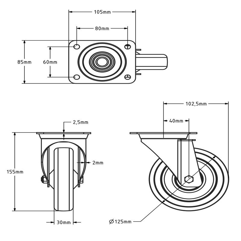 ESD Rvs zwenkwiel 125 mm - PU - 200 kg