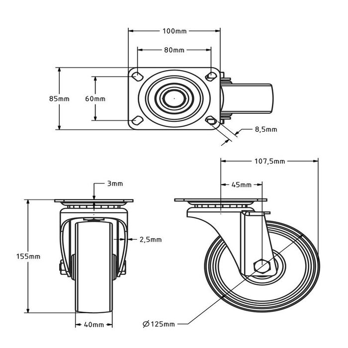 Rvs hittebestendig zwenkwiel 125 mm - 140 kg