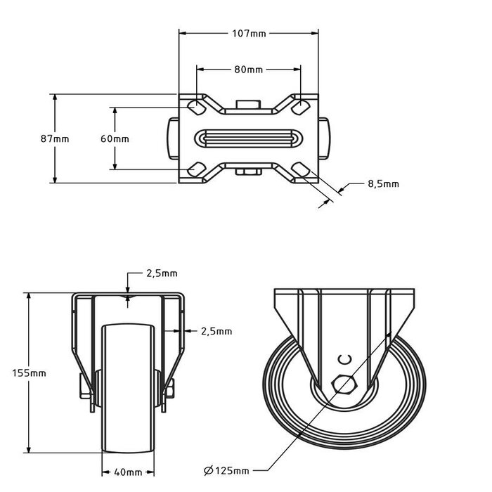 Rvs hittebestendig bokwiel 125 mm - 140 kg