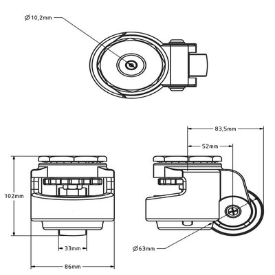 Zwenkwiel met stelvoet 63 mm - Nylon - boutgat - 340 kg