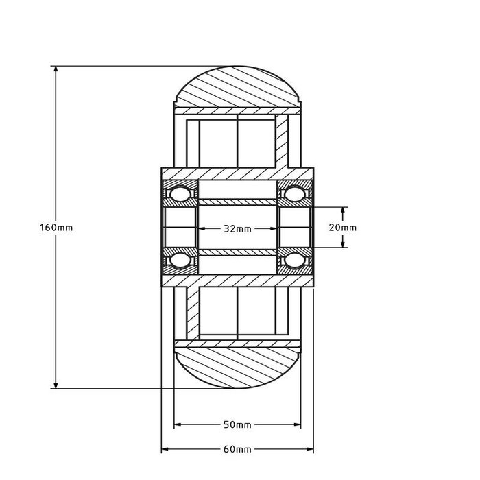 PU wiel 160 mm gebolleerd - asgat 20 mm - 510 kg