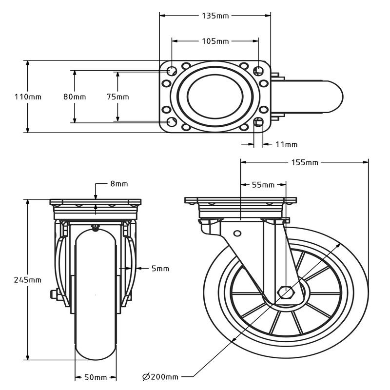 Gebolleerd PU zwenkwiel 200 mm - 600 kg