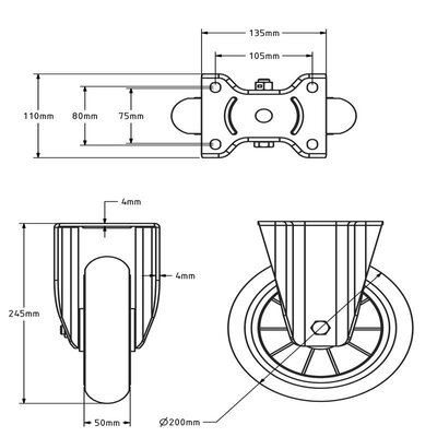 Gebolleerd PU bokwiel 200 mm - 600 kg