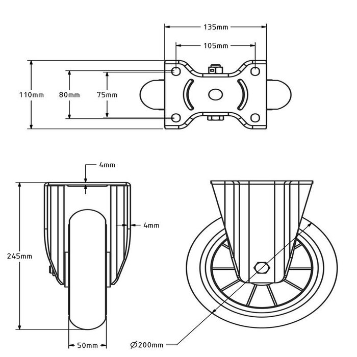 Gebolleerd PU bokwiel 200 mm - 600 kg