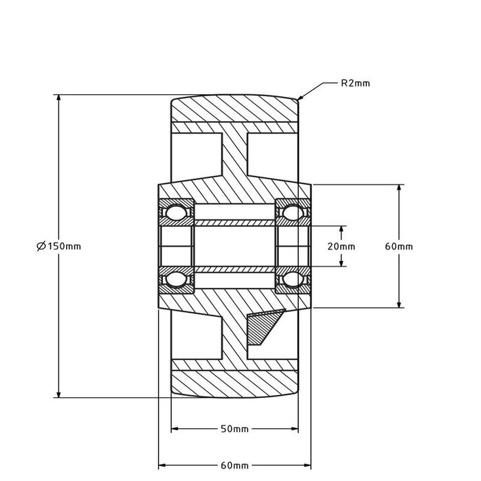 PU wiel 150 mm - kogellager asgat 20 mm - 700 kg