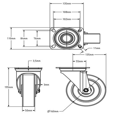 Rubber zwenkwiel 160 mm - kogellager - 350 kg
