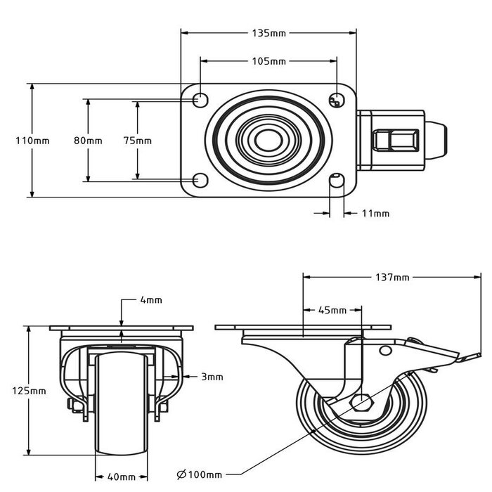 Zwart PU zwenkwiel met rem 100 mm - kogellager - 300 kg