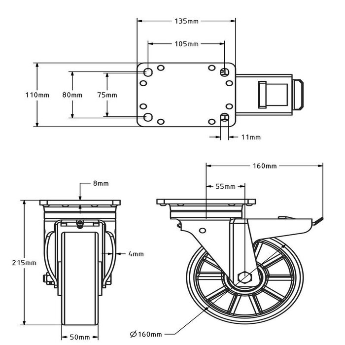 PU zwenkwiel met rem 160 mm - versterkt - kogellager - 800 kg