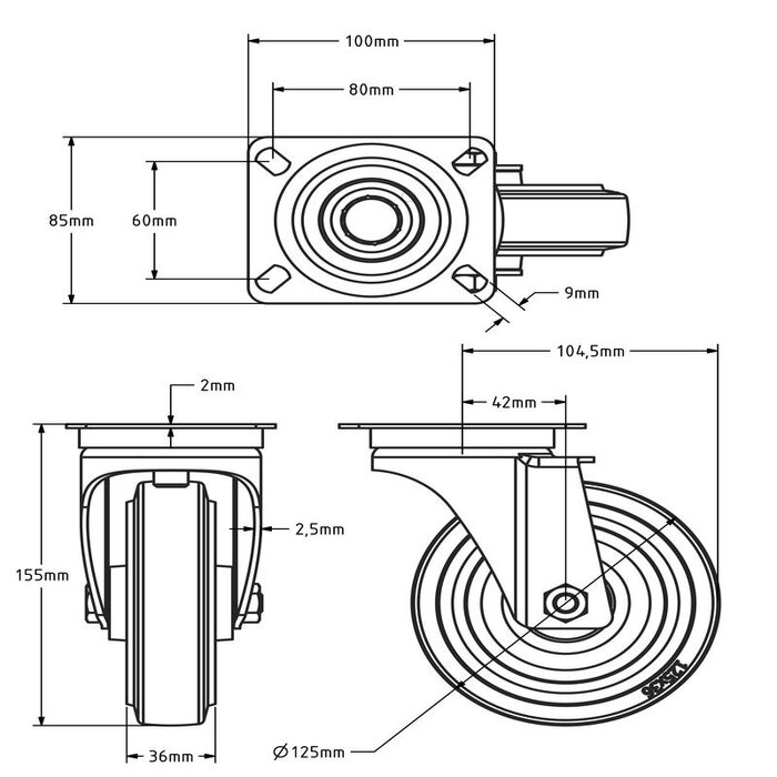 Rvs zwenkwiel 125 mm - Elastisch rubber - 190 kg