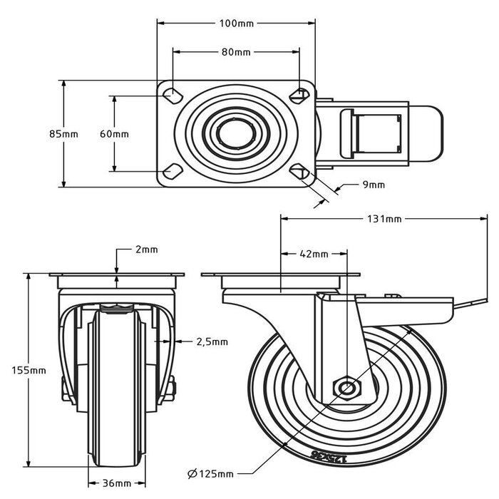 Rvs zwenkwiel 125 met rem - Elastisch rubber - 190 kg