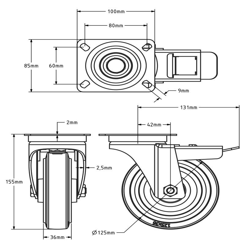 Rvs zwenkwiel met rem 125 - Elastisch rubber - 190 kg