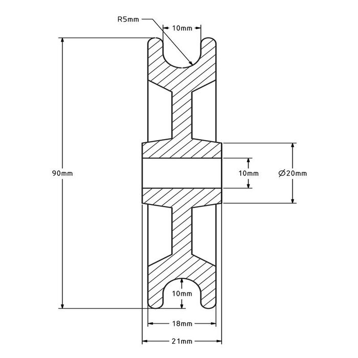 Kunststof kabelschijf 90 mm met U groef - 130 kg