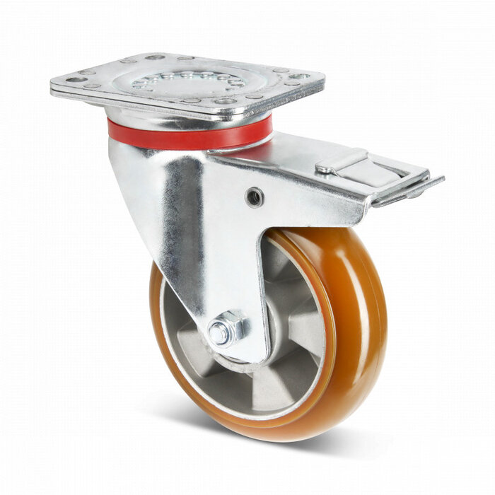 PU zwenkwiel met rem 160 mm bruin gebolleerd - 510 kg