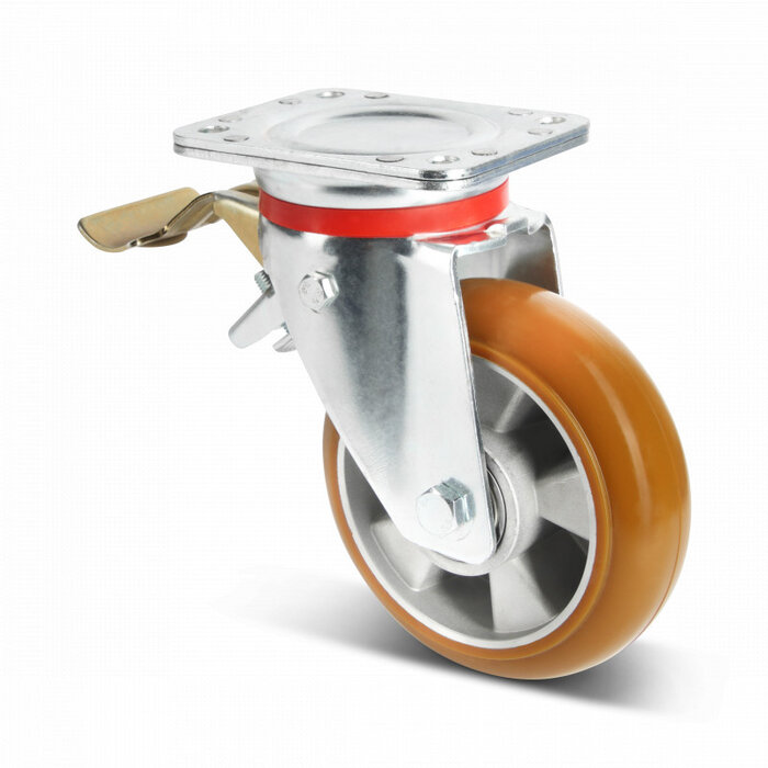 PU zwenkwiel met rem 200 mm gebolleerd - kogellager - 600 kg