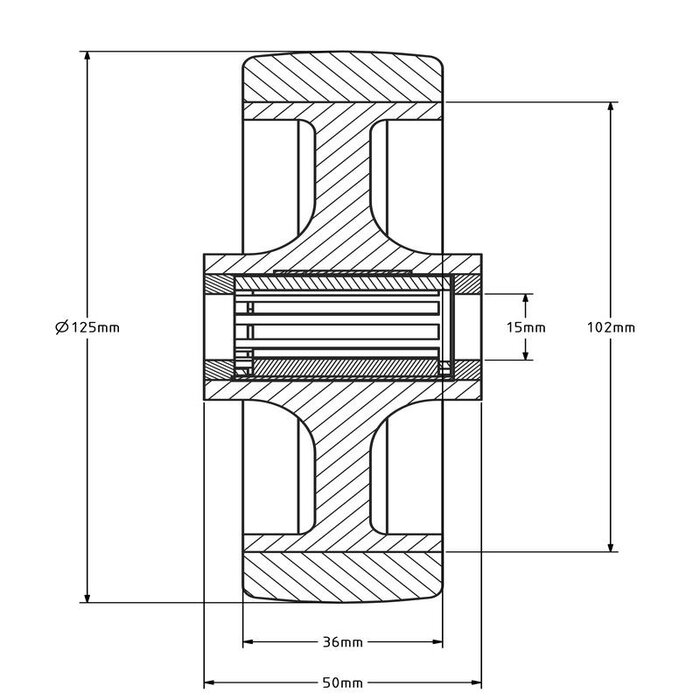 PU wiel 125 mm - rollager asgat 12 mm - 200 kg