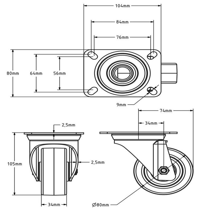 PU zwenkwiel 80 mm - rollager - 130 kg
