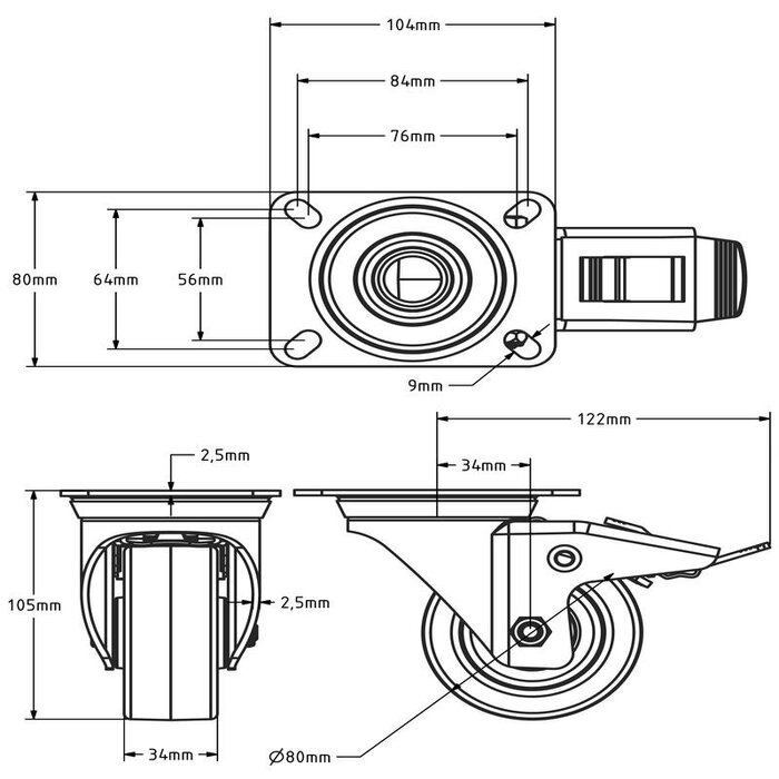PU zwenkwiel met rem 80 mm - rollager - 130 kg