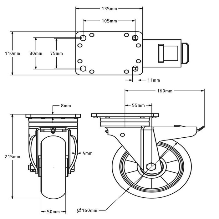 Gebolleerd PU zwenkwiel met rem 160 mm - 510 kg