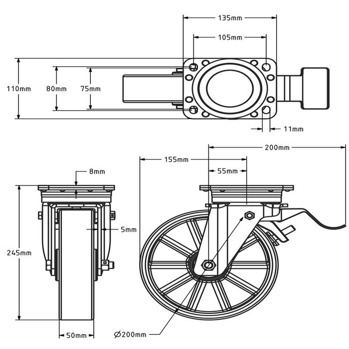 PU zwenkwiel met rem 200 mm - versterkt - kogellager - 800 kg