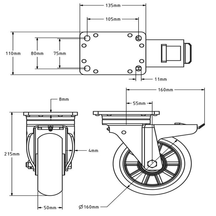 Ergonomisch PU zwenkwiel met rem 160 mm - versterkt - kogellager - 500 kg