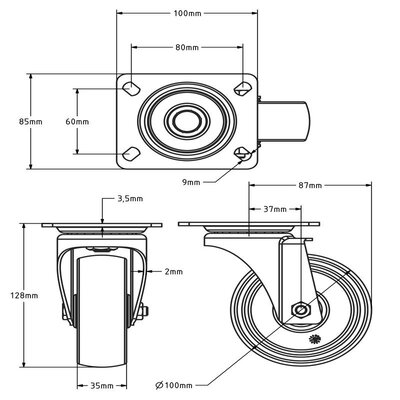 Hittebestendig zwenkwiel 100 mm - 125 kg